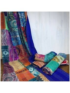 Sevya Handmade Upcycled Silk Sari Kantha Throw